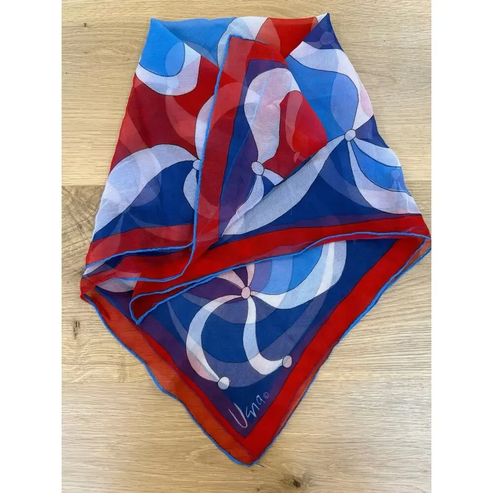 Vintage Vera Neumann Signed Silk Chiffon Scarf Psychedelic Swirl Red Blue White